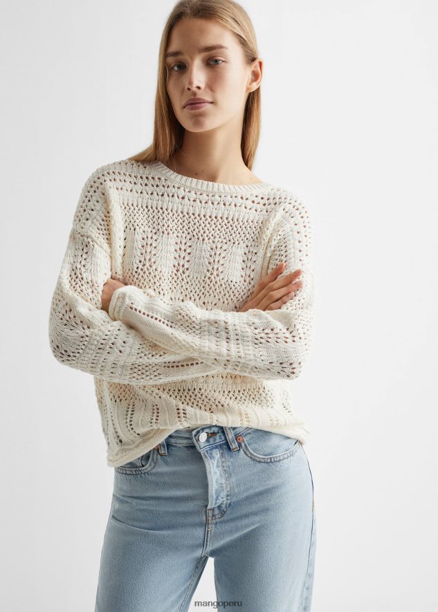 suéter de punto calado con cuello redondo blanquecino Mango chicas ropa TJF0T5246