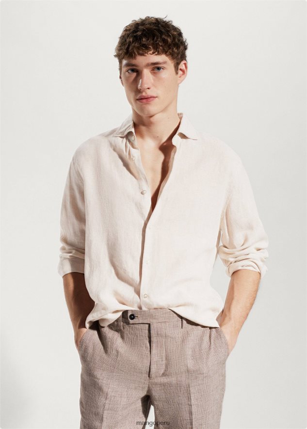 Camisa regular fit 100% lino arena Mango hombres ropa TJF0T3372