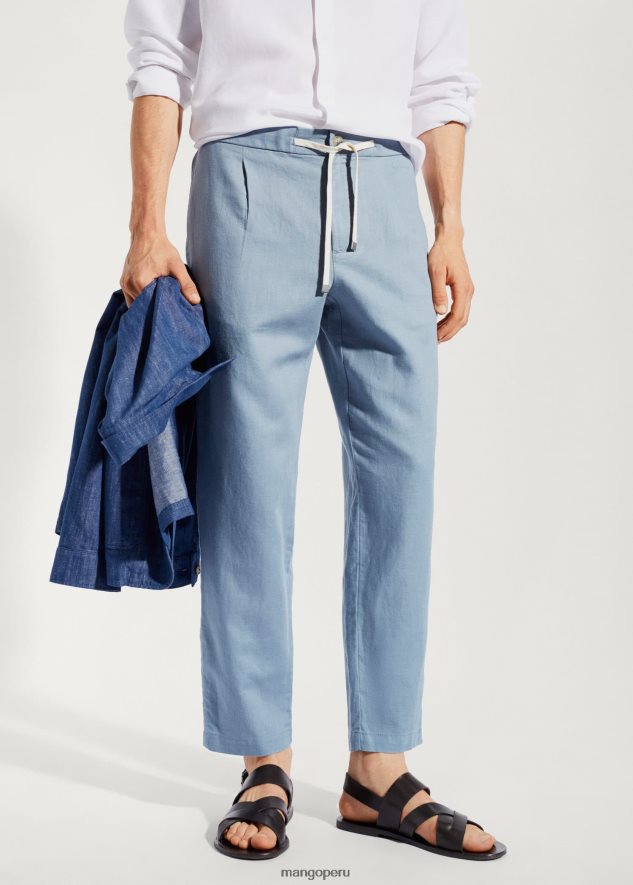 pantalones de lino con cordón ajustable azul índigo Mango hombres ropa TJF0T3884