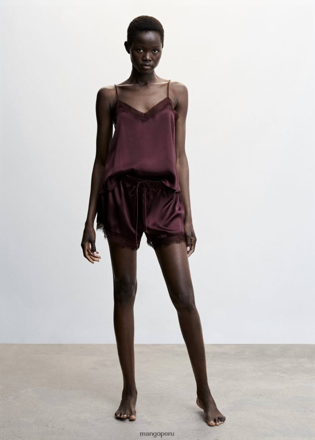 pantalones cortos de encaje satinado granate Mango mujer ropa TJF0T2364