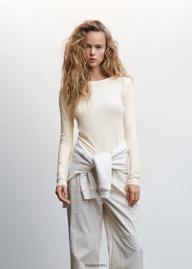 camiseta de canalé de manga larga beige Mango mujer ropa TJF0T785