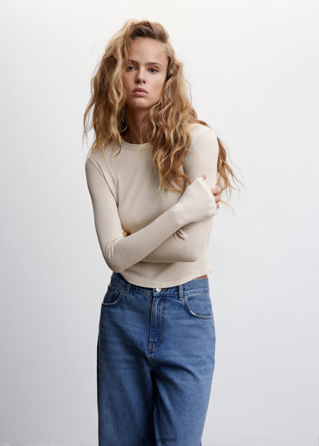 camiseta de punto de canalé crudo Mango mujer ropa TJF0T778