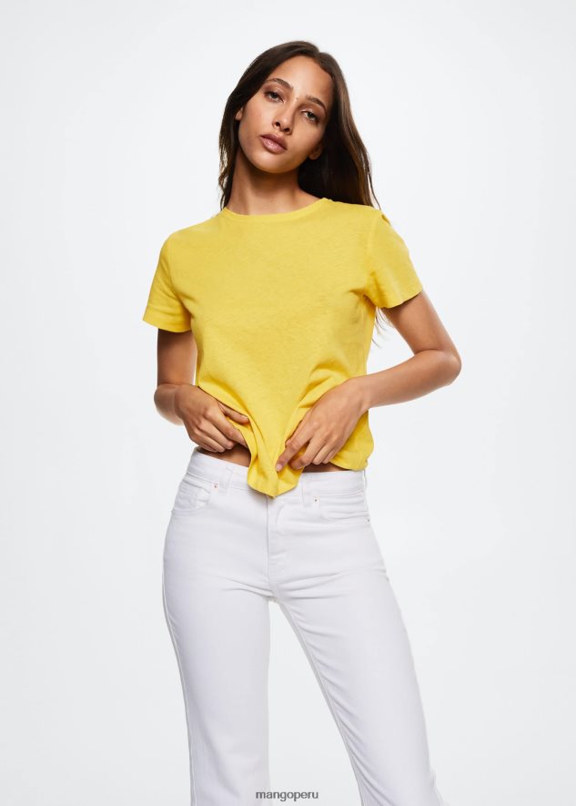 camiseta en mezcla de lino y algodón amarillo Mango mujer ropa TJF0T676
