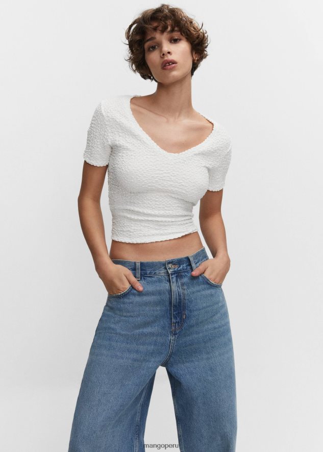 camiseta texturizada con cuello en V blanco Mango mujer ropa TJF0T800