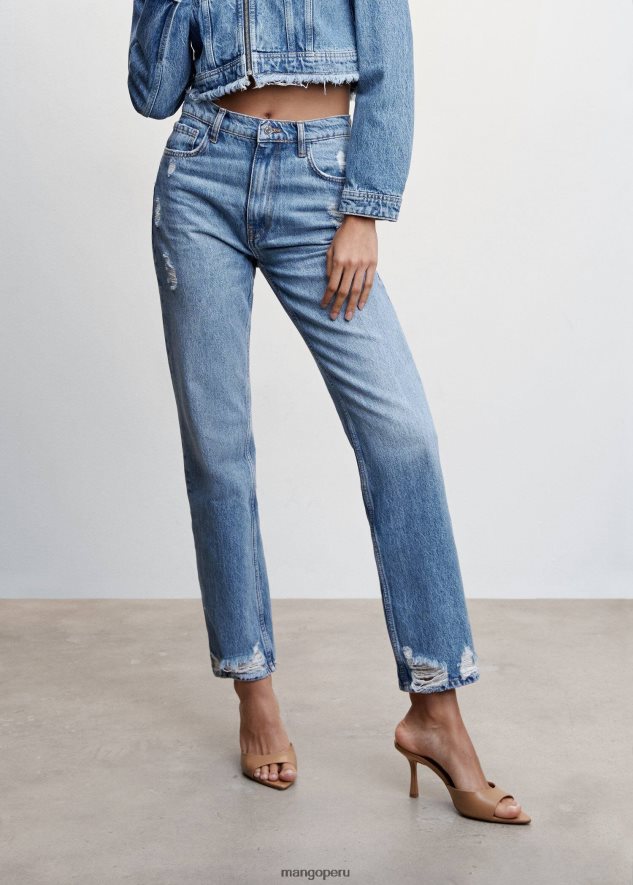 jeans rectos con rotos y tiro alto azul medio Mango mujer ropa TJF0T1788