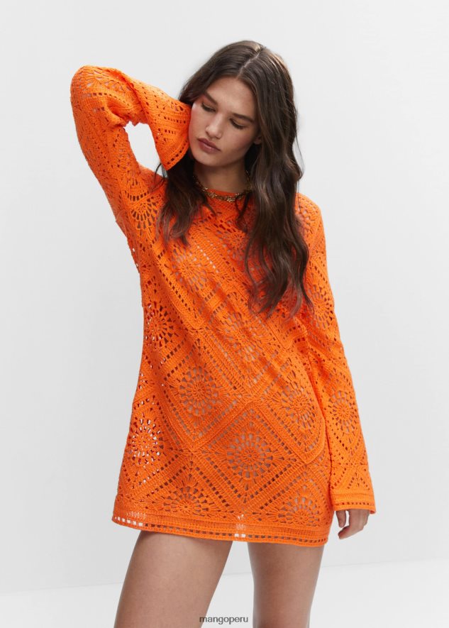 vestido calado con mangas acampanadas naranja Mango mujer ropa TJF0T209
