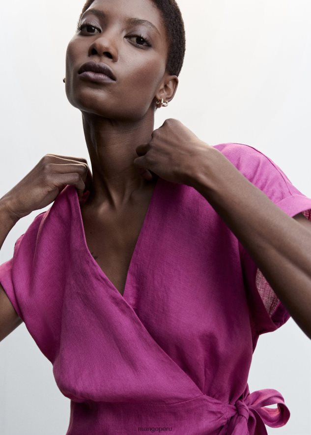 vestido en mezcla de lino con lazo púrpura Mango mujer ropa TJF0T106